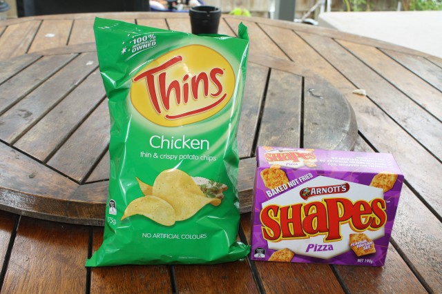 My 2 favorite Aussie snacks, Pizza Shapes biscuits and chicken flavored chips